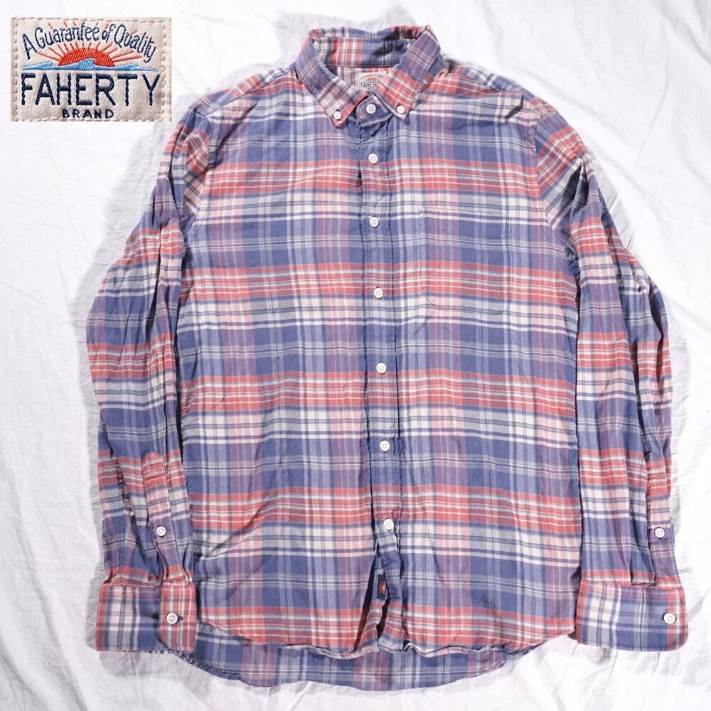 Faherty Flannel Button Up Shirt Red Blue Plaid Mens Medium